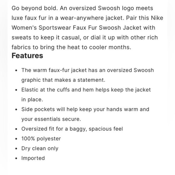 NWT Nike Women's Faux Fur Swoosh Jacket sz L - Picture 7 of 7